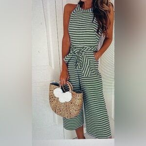 Lumi Green White Striped Romper Jumpsuit Wide leg Pockets Medium Charles Nancy